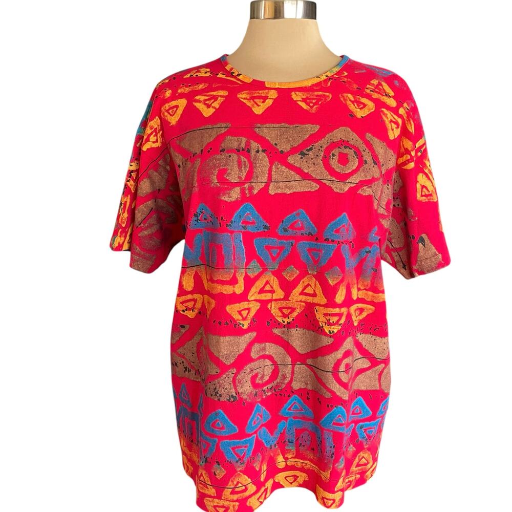Vintage‎ EZL Red Painted Tribal Design Tee ONE SIZE Casual Short Sleeves Casual